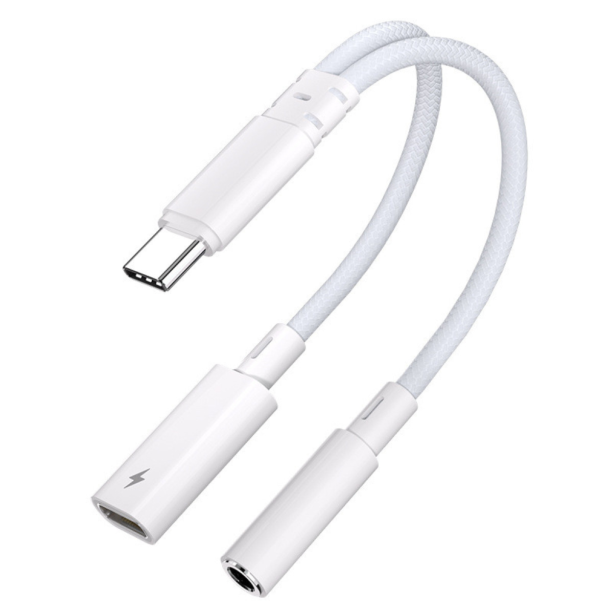 Ein weißes USB-C-auf-Doppel-Adapterkabel mit Ladeanschluss und 3,5-mm-Audiobuchse.