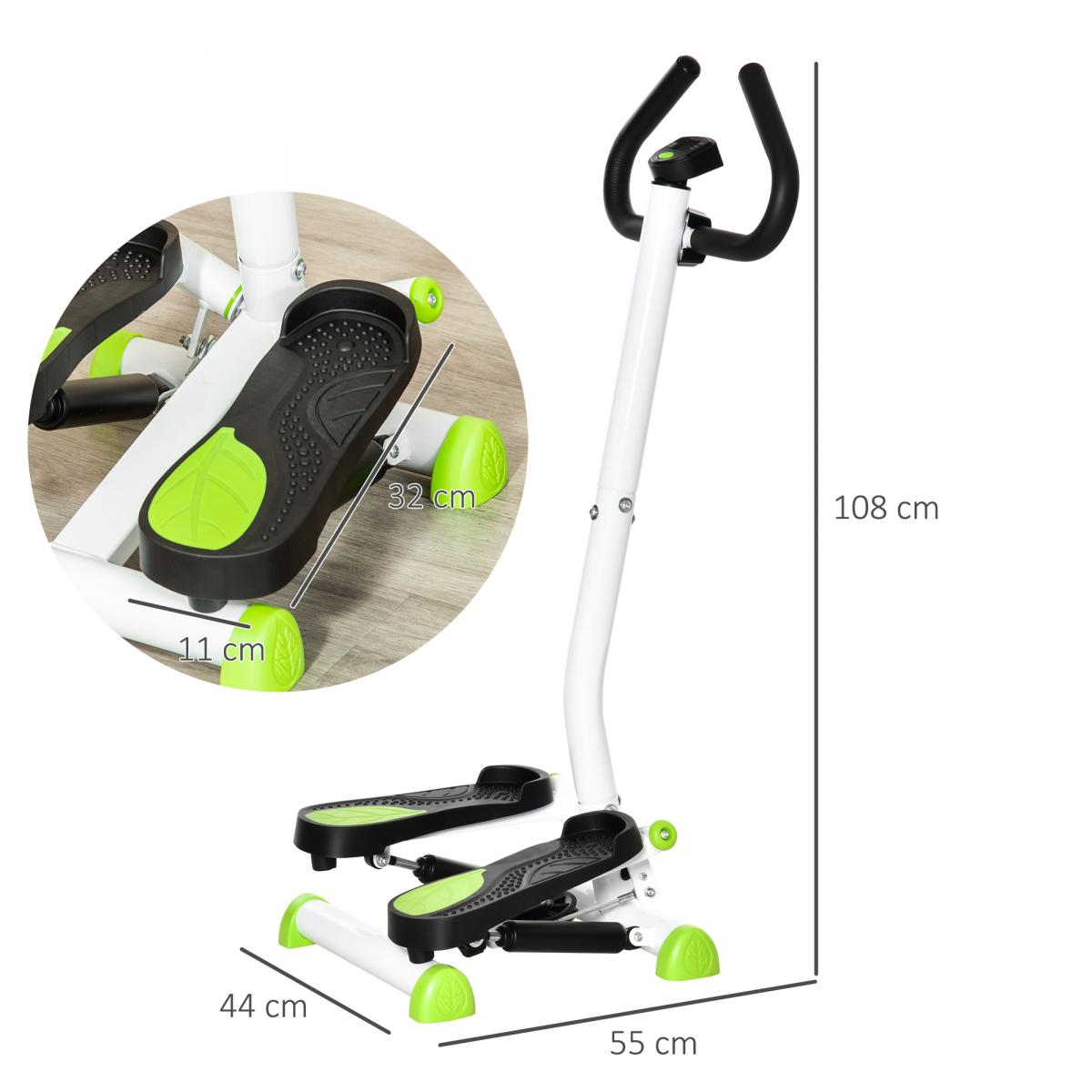 Weiß-grüner Stepper mit Griff, Maße: Höhe 108 cm, Breite 55 cm, Tiefe 44 cm.