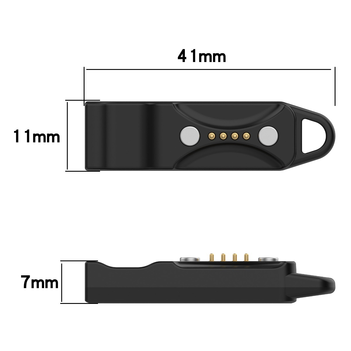 Diagramm zeigt Abmessungen eines kleinen schwarzen elektronischen Ladegeräts mit vier Kontaktstiften: 41mm x 11mm x 7mm.