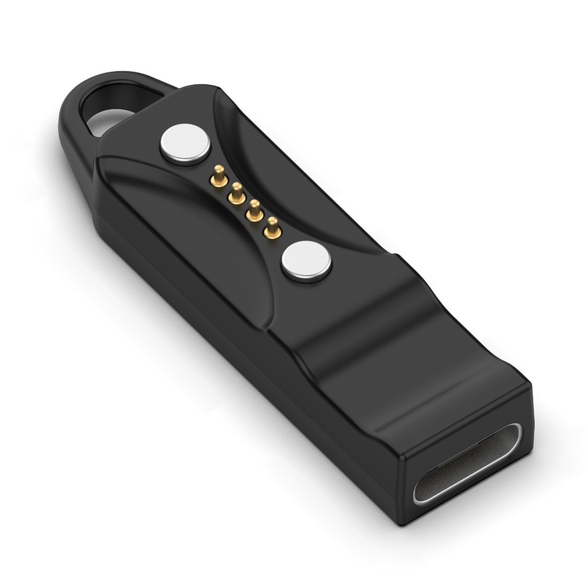 Ein schwarzer USB-Stick mit zwei silbernen Knöpfen, goldenen Pins und einer Öse auf weißem Hintergrund.