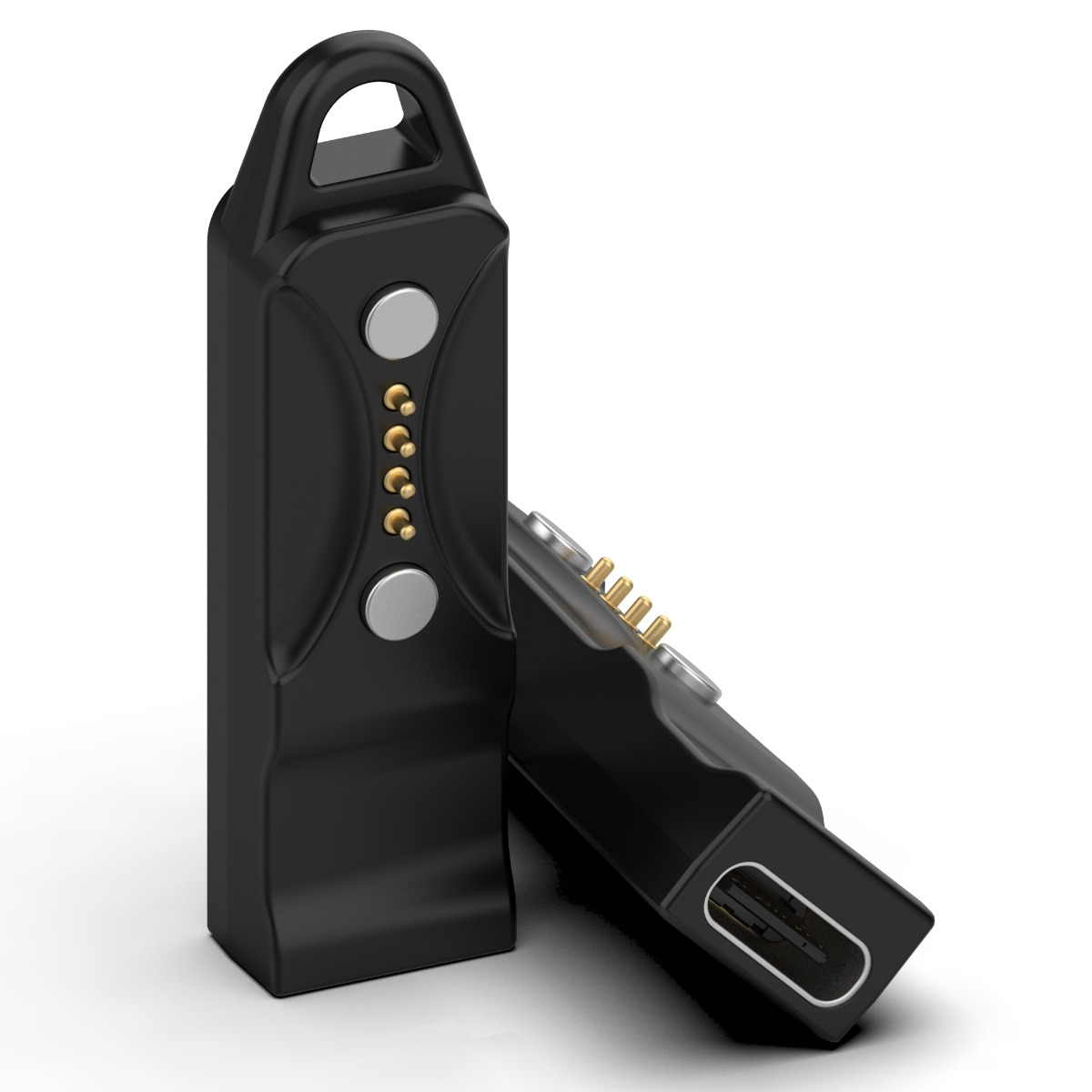Zwei schwarze elektronische Zubehörteile mit Goldpins und Silberknöpfen auf weißem Hintergrund.