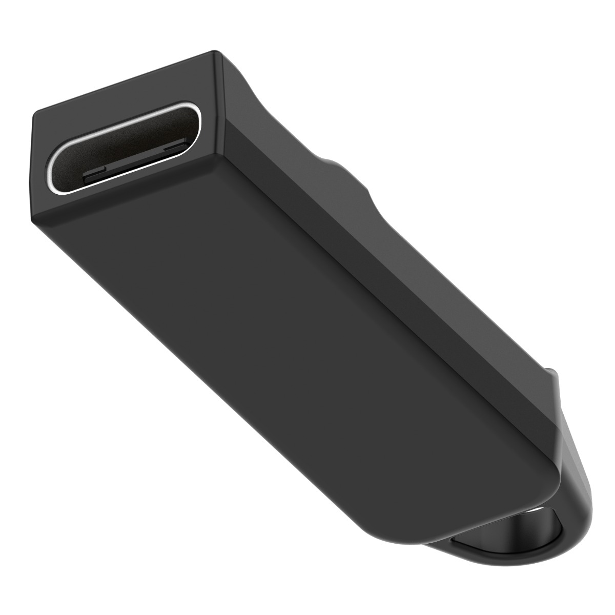 Ein schwarzer USB-C-Stick mit einer Öse am Ende gegen einen weißen Hintergrund.