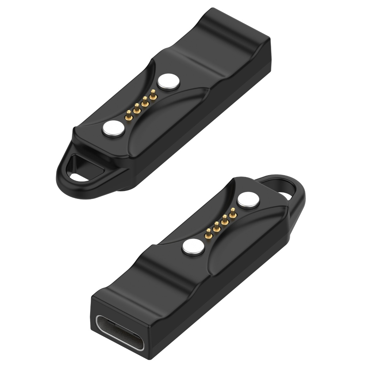 Zwei schwarze USB-Dongles mit Kontakten und Öse auf weißem Hintergrund.
