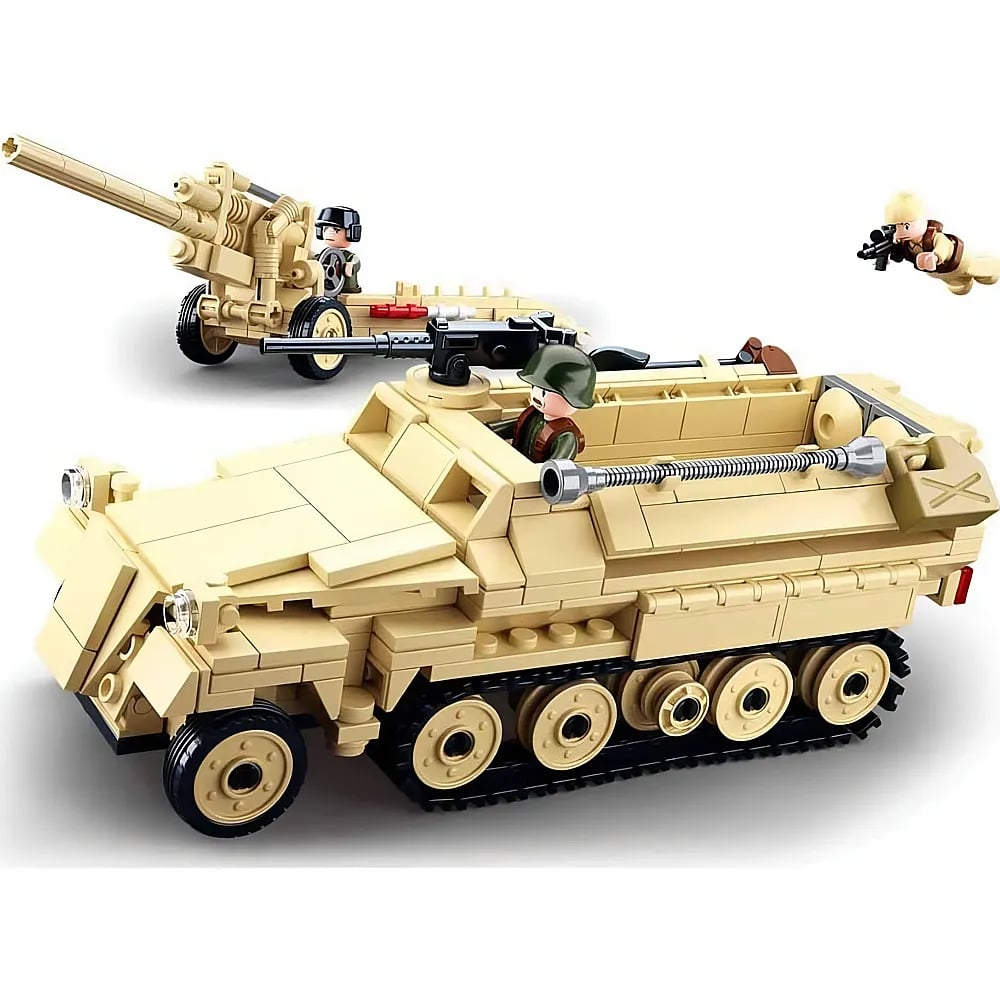 Militärisches Halbkettenfahrzeug im Lego-Stil, Artilleriekanone und Figuren in Wüstensandfarbe.
