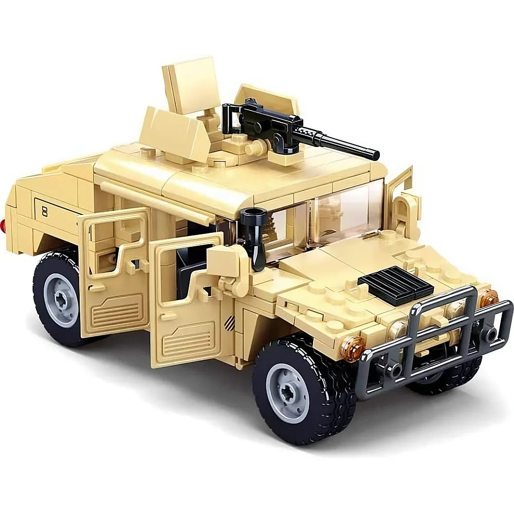Ein beiges Spielzeug-Militärfahrzeug aus Klemmbausteinen mit offenen Türen und aufmontiertem Maschinengewehr.