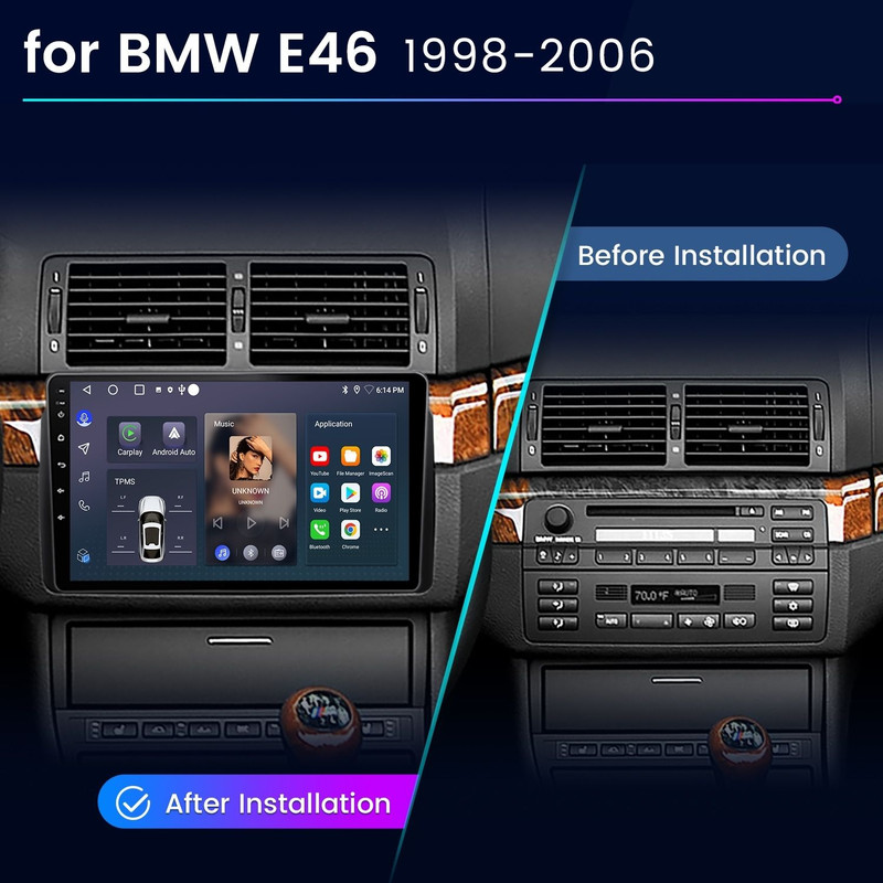 Vergleich der BMW E46 Mittelkonsole vor und nach der Installation eines neuen Infotainmentsystems.
