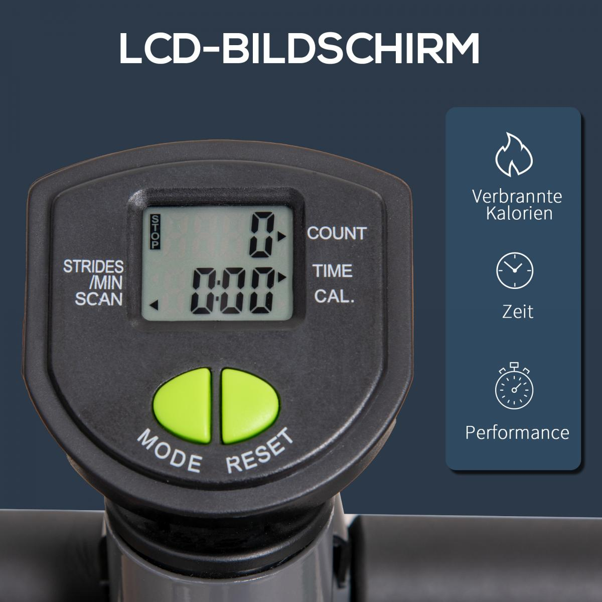 LCD-Bildschirm eines Fitnessgeräts mit zwei grünen Tasten für Modus und Reset.