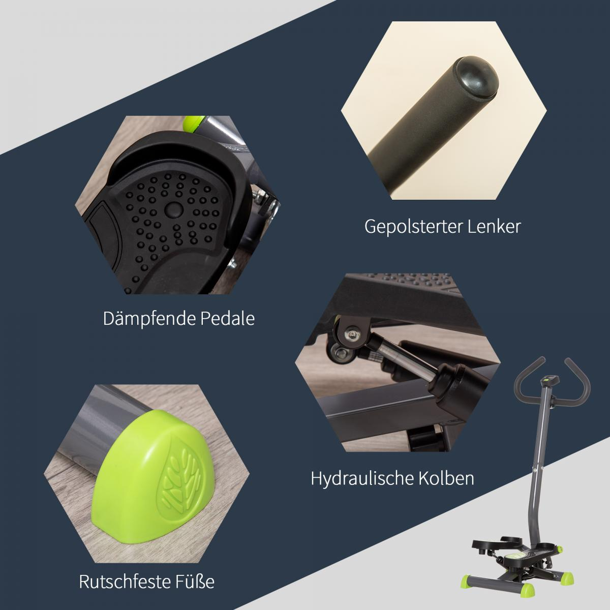 Übersicht der Stepper-Details: Pedale, Lenker, Hydraulikkolben und rutschfeste Füße.