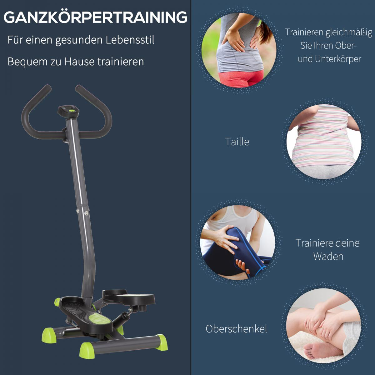 Fitness-Stepper für zu Hause mit Handläufen und vier kreisrunden Detailbildern für ein Ganzkörpertraining.