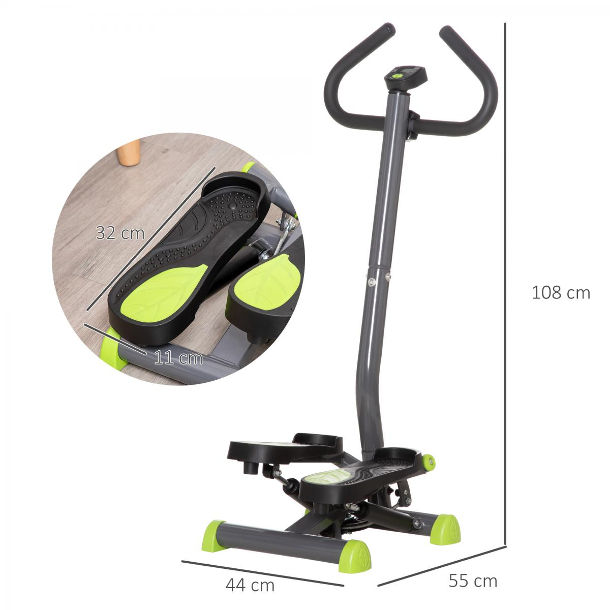 Grauer Stepper mit grünen Akzenten, Griffstange und Maßangaben für Höhe und Breite.