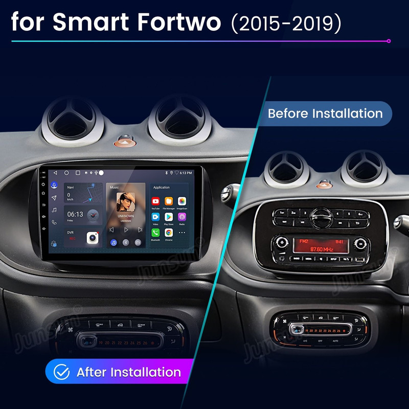 Vergleich der Smart Fortwo Mittelkonsole vor und nach der Installation eines großen Touchscreen-Autoradios.