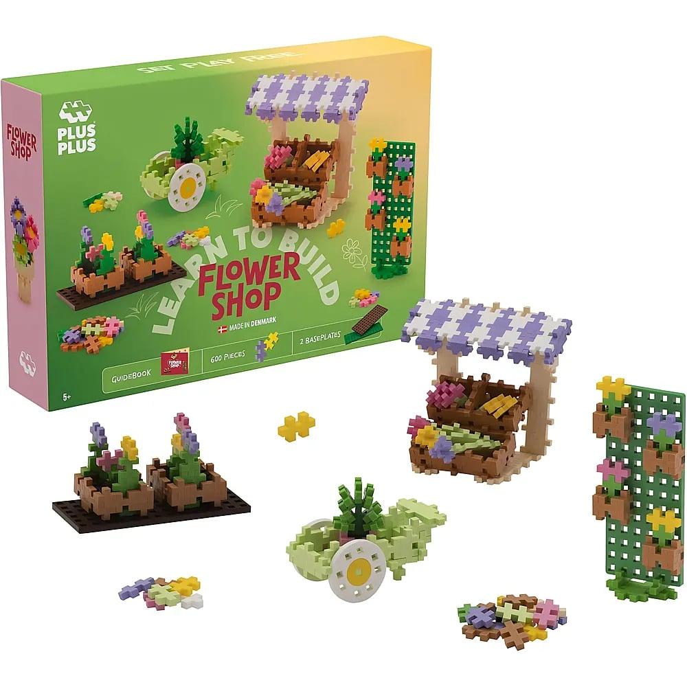 Plus-Plus Bausatz Flower Shop mit bunten Steckbausteinen für Blumenläden, Handwagen und Stände.