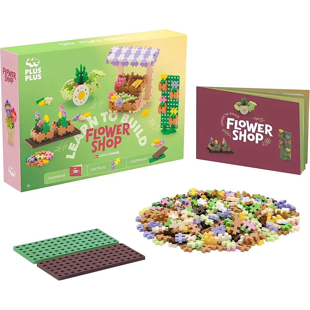 Plus-Plus Blumenladen Spieleset mit Box, Anleitung, bunten Bausteinen und zwei Grundplatten auf weißem Hintergrund.