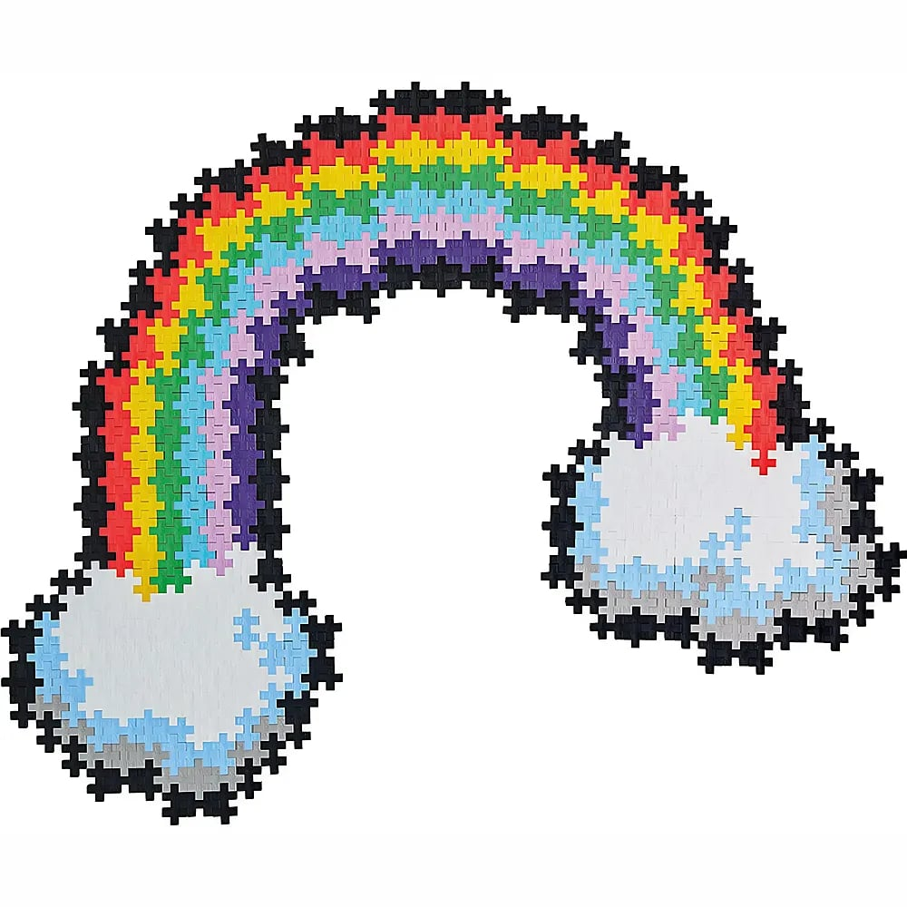 Un arcobaleno colorato con nuvole alle estremità, realizzato con piccoli pezzi a incastro a forma di più.