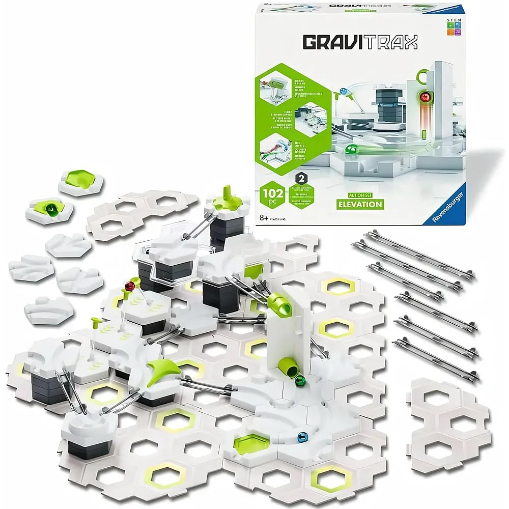 Eine GraviTraX Elevation Kugelbahn-Verpackung mit ausgebreiteten weißen und grünen Bauteilen sowie Schienen.
