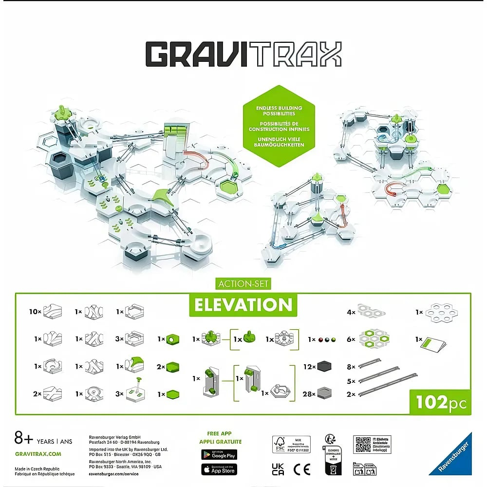 Verpackung der GraviTrax Action-Set Elevation Kugelbahn mit Bauteilübersicht.