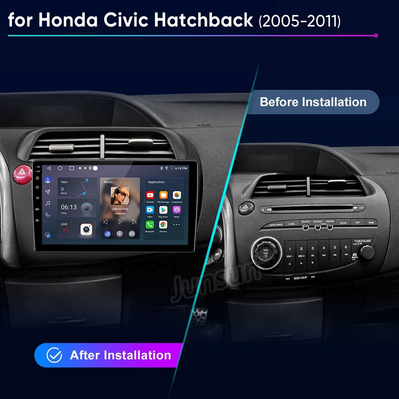 Vergleich vor und nach dem Einbau eines modernen Touchscreen-Autoradios in einen Honda Civic.