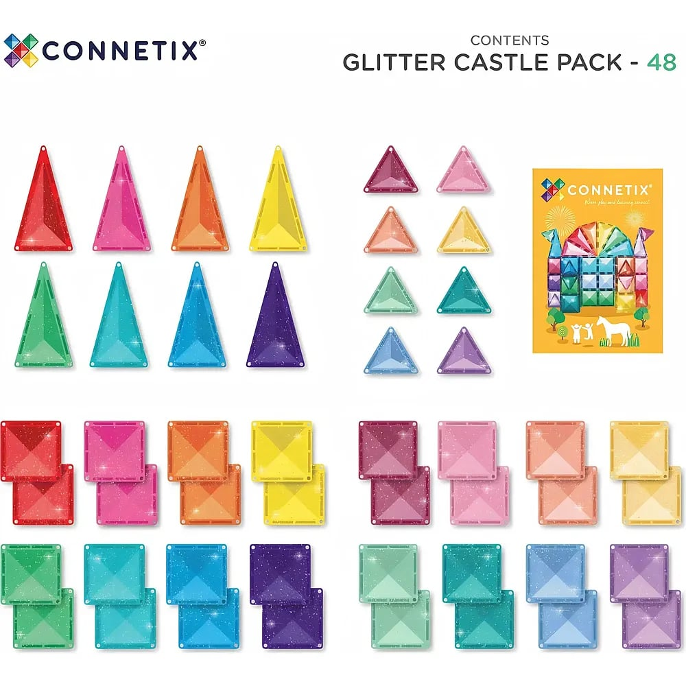 Contenuto del pacchetto Connetix Glitter Castle con piastrelle magnetiche colorate e un libretto.