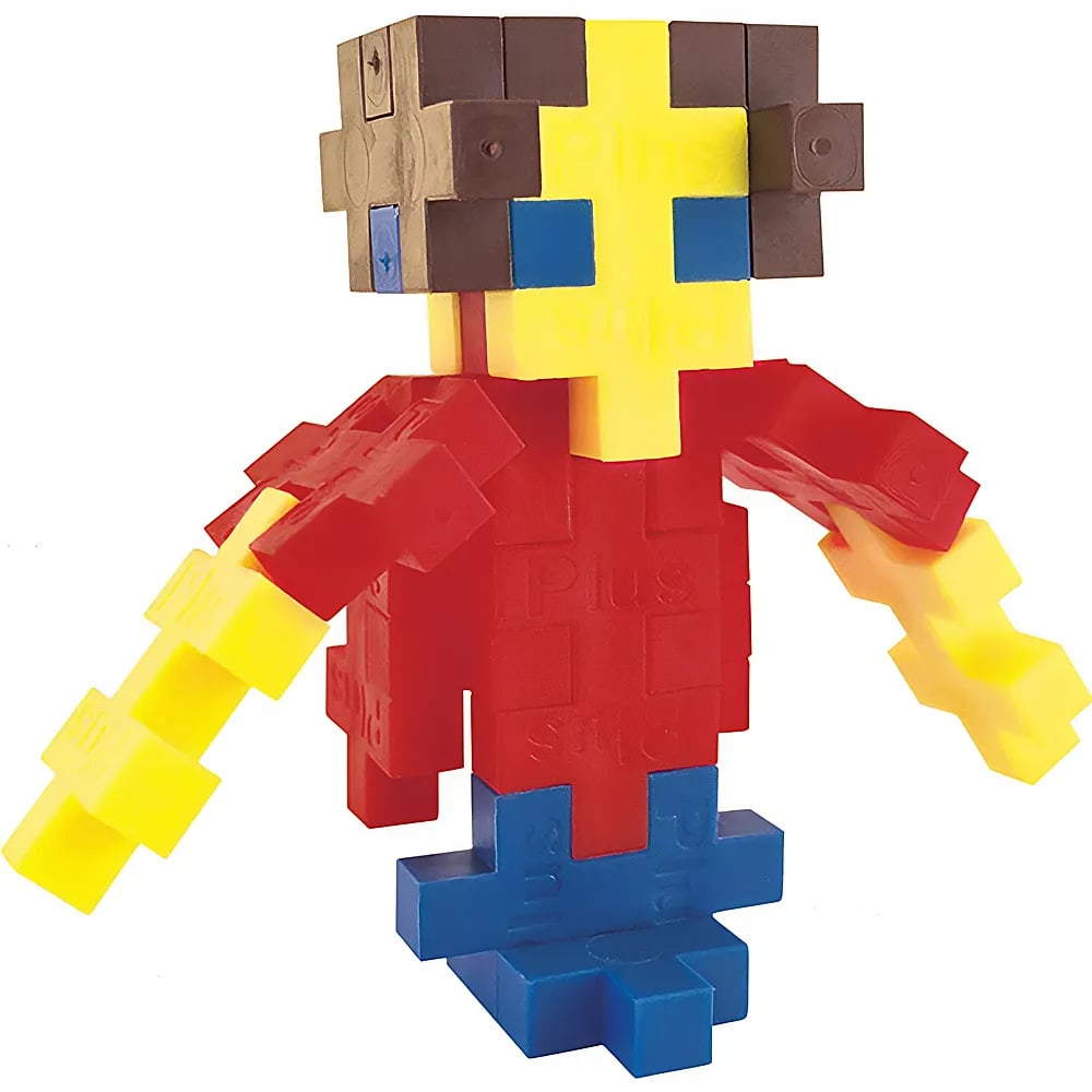 Eine kleine Figur, gebaut aus bunten Plus-Plus-Steinen mit braunem Kopf, rotem Körper und blauen Beinen auf weißem Grund.