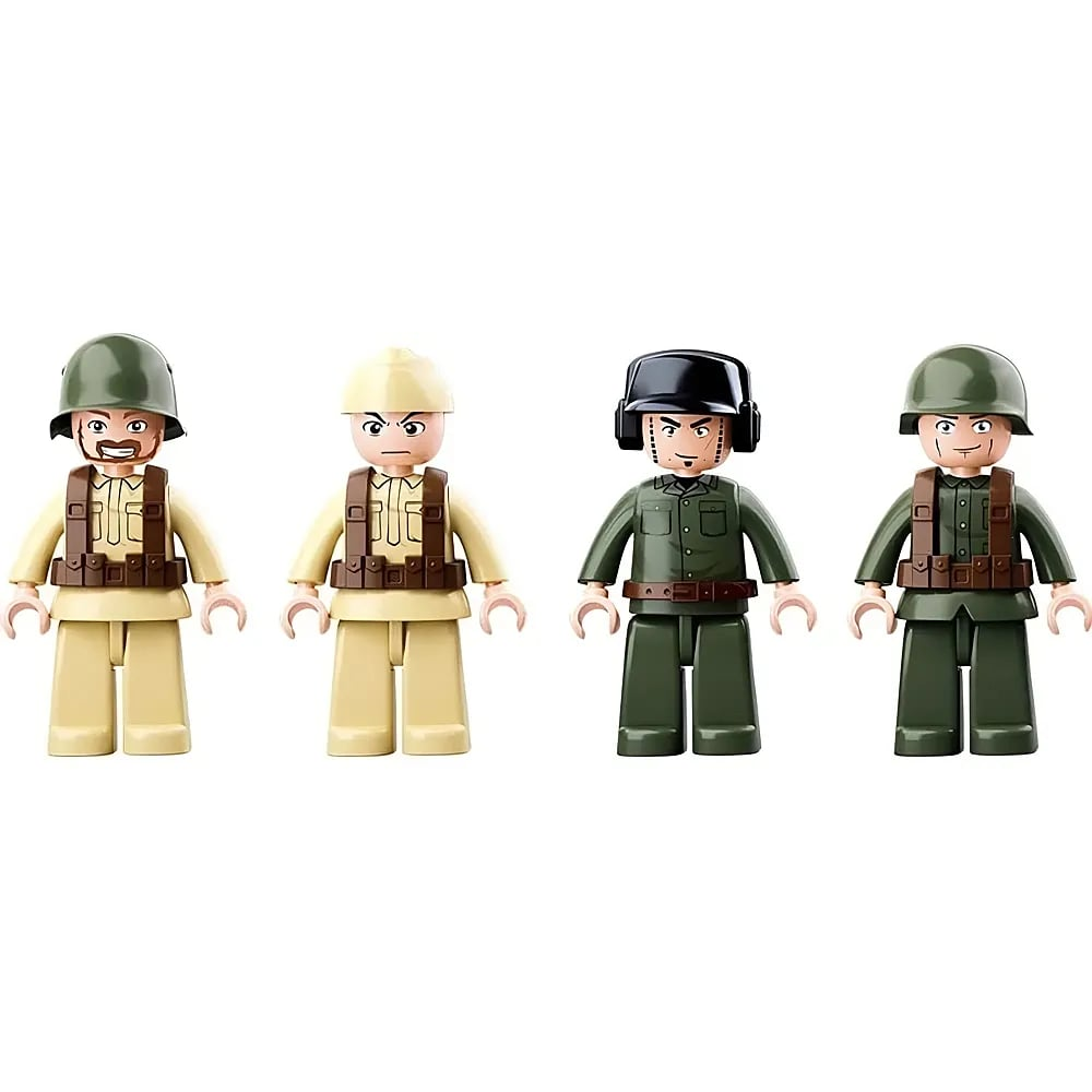 Vier Lego-Soldatenfiguren in Militäruniformen mit Helmen vor weißem Hintergrund.