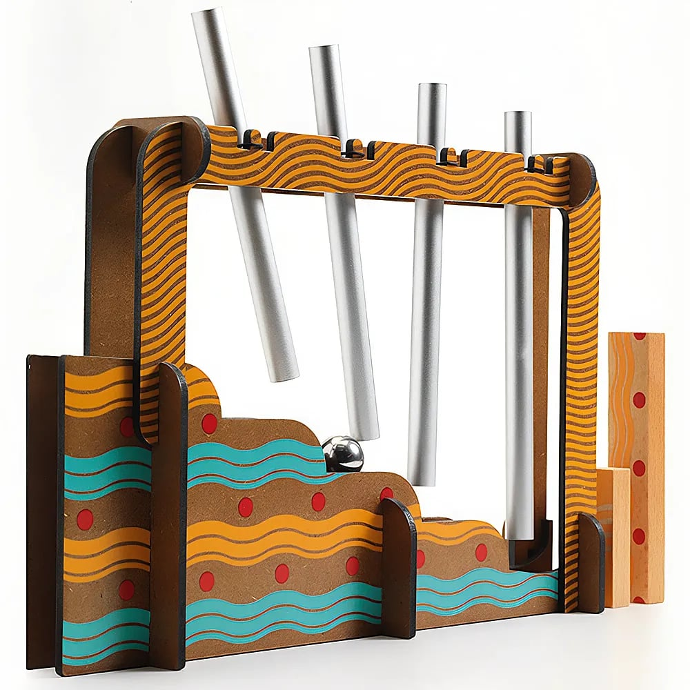 Un jouet musical en bois avec des bases à vagues colorées, quatre tubes métalliques suspendus et une boule argentée.
