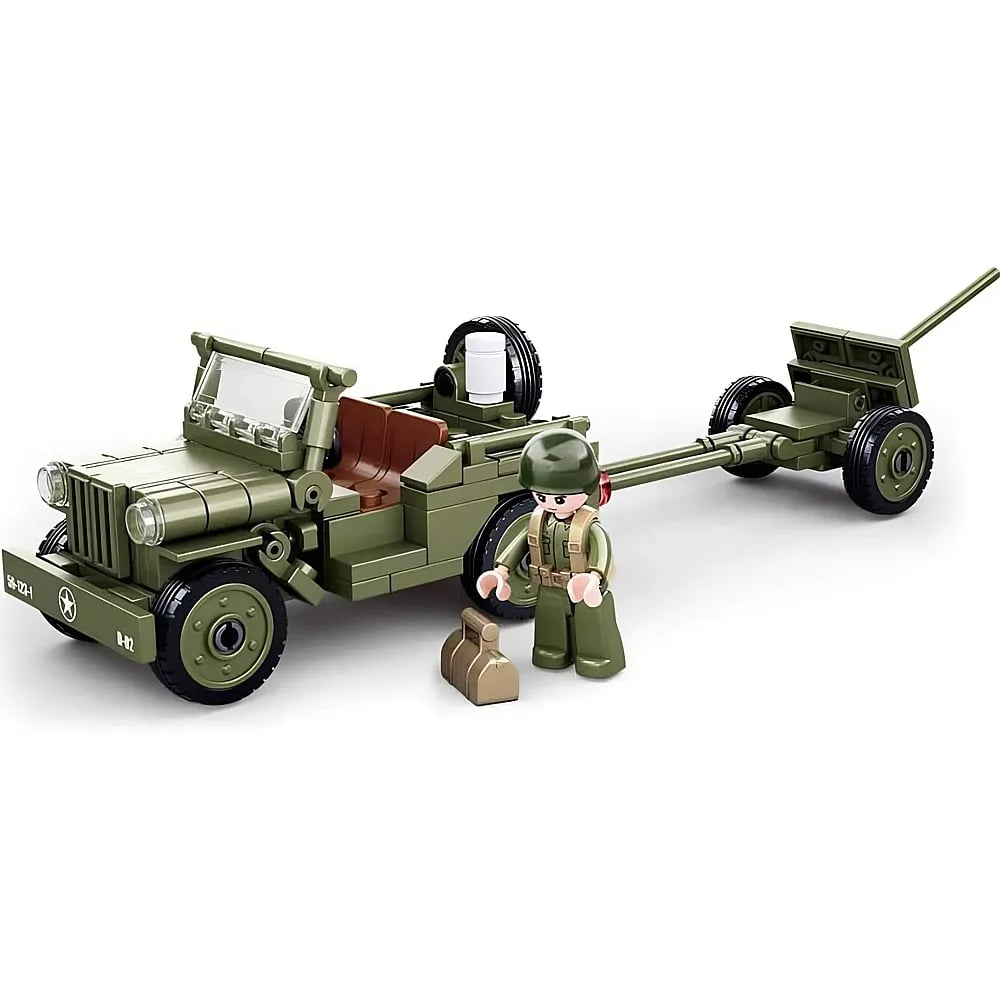 Ein Spielzeug-Militärjeep mit Anhänger und einer Soldatenfigur in grüner Uniform.