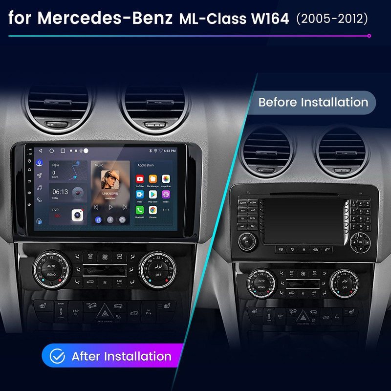 Vergleich der Mercedes ML-Klasse W164 Konsole vor und nach dem Einbau eines modernen Touchscreens.