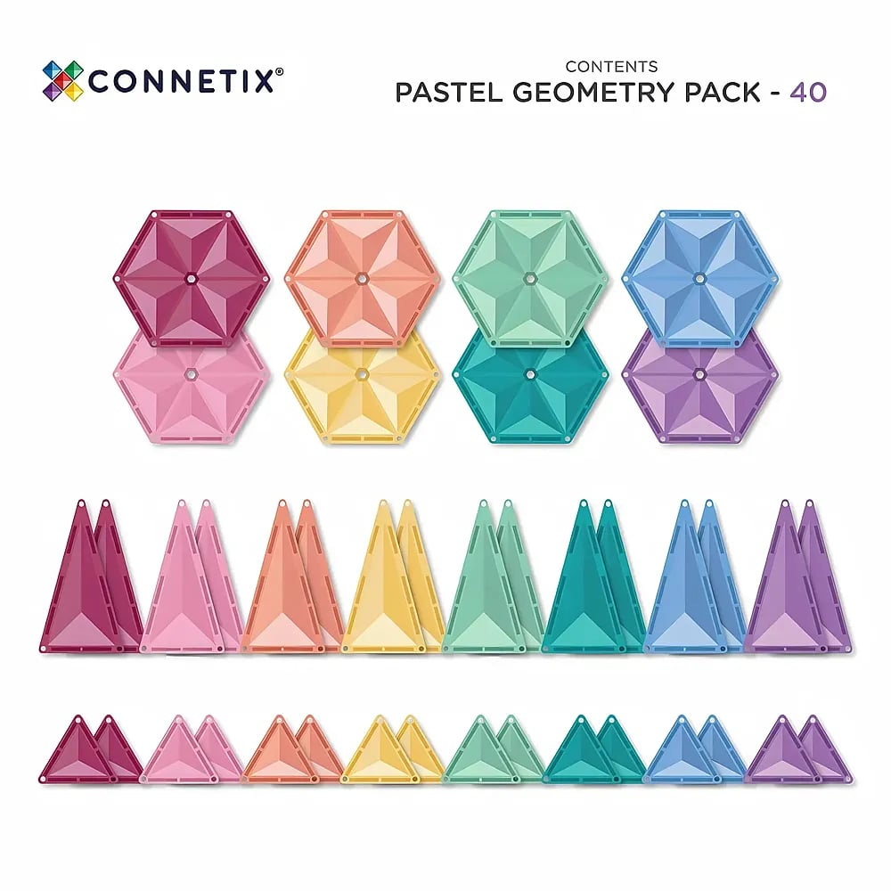 Connetix Pastel Geometry Pack Inhalt mit verschiedenen bunten Magnetfliesen in Sechseck- und Dreieckform.