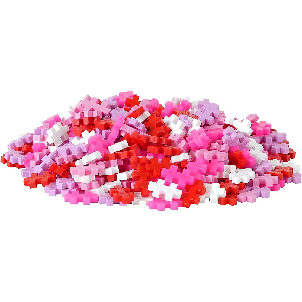 Un gran montón de pequeños bloques de construcción en forma de cruz entrelazados en tonos rojo, rosa, blanco y púrpura.