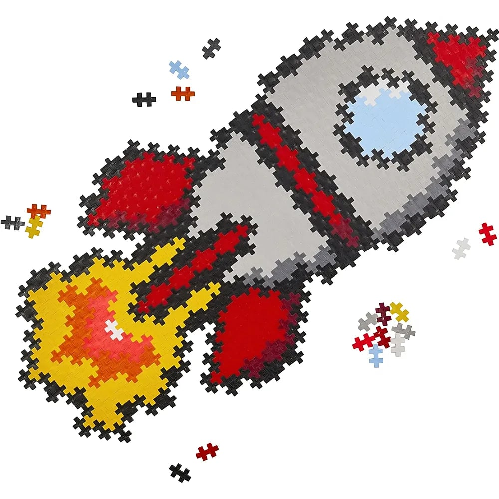 Un razzo di mattoncini colorati con scia di fuoco su sfondo bianco.