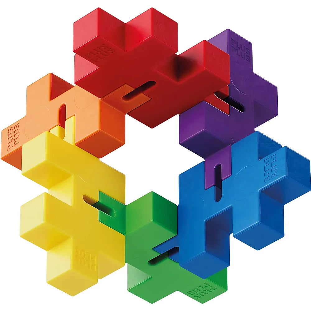 Sei blocchi di puzzle Plus-Plus colorati e a incastro formano un cerchio.
