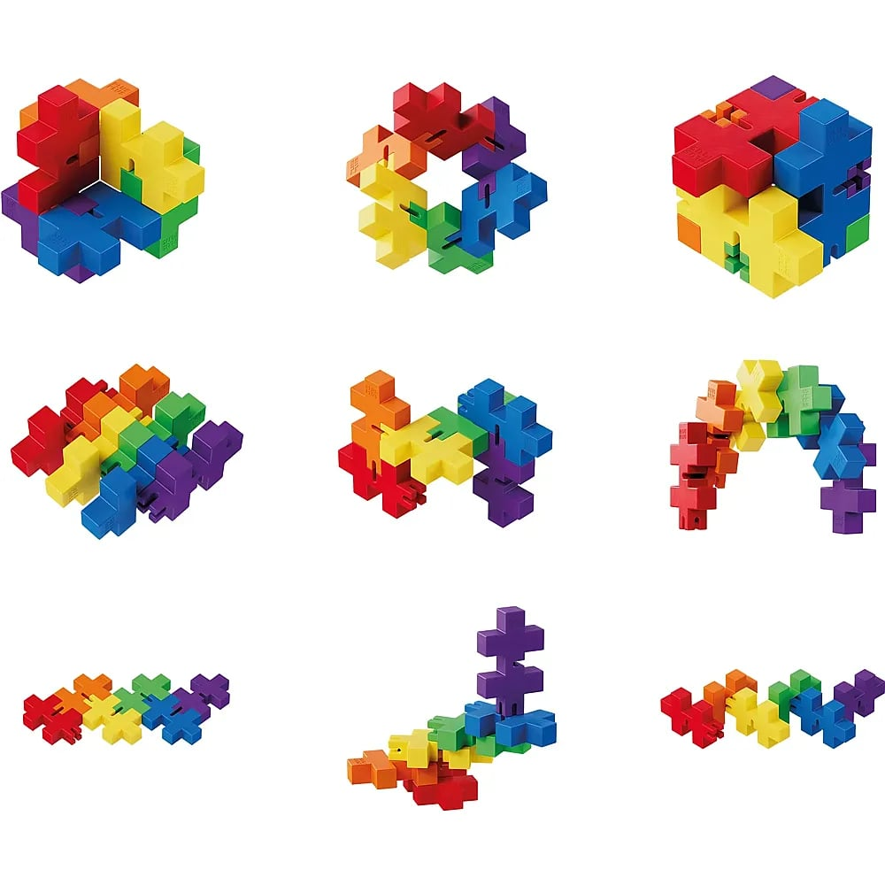 Nove creazioni colorate realizzate con blocchi a forma di più su sfondo bianco.