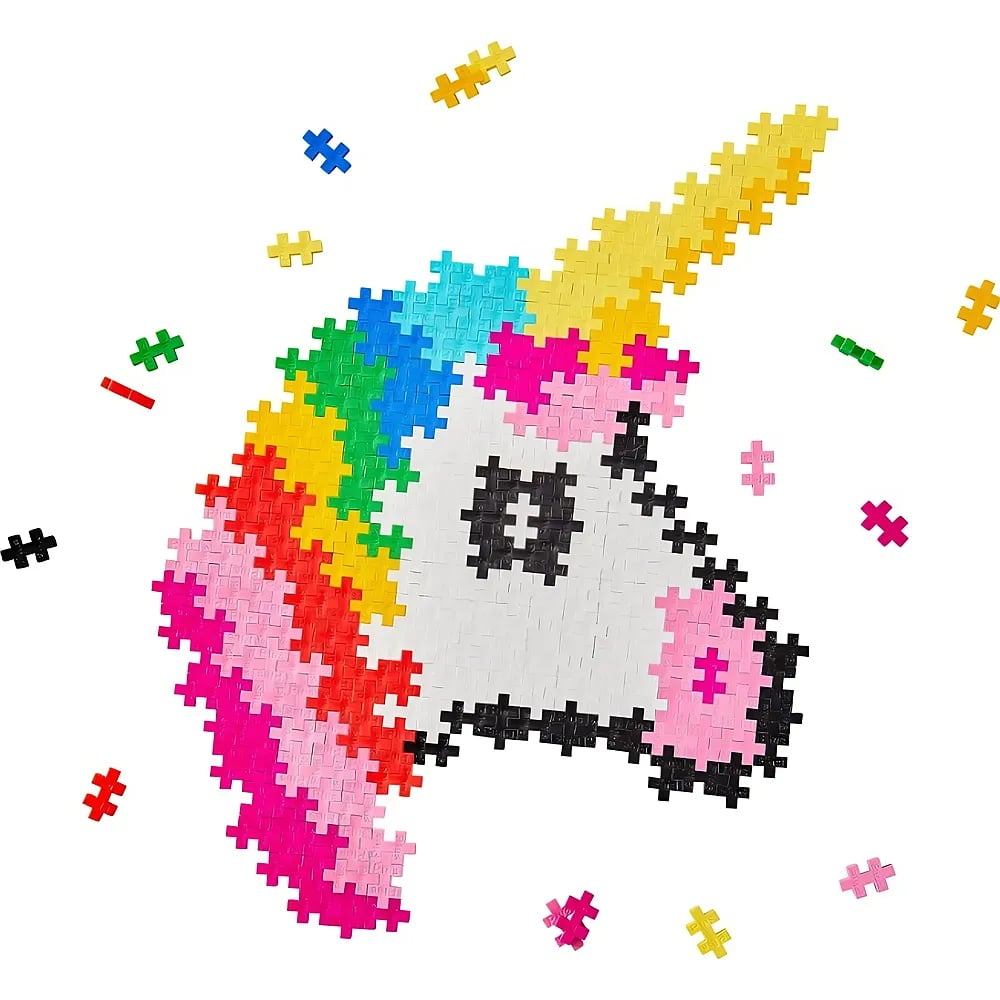 Un unicorno colorato fatto di piccoli pezzi di plastica a incastro con pezzi sparsi attorno.