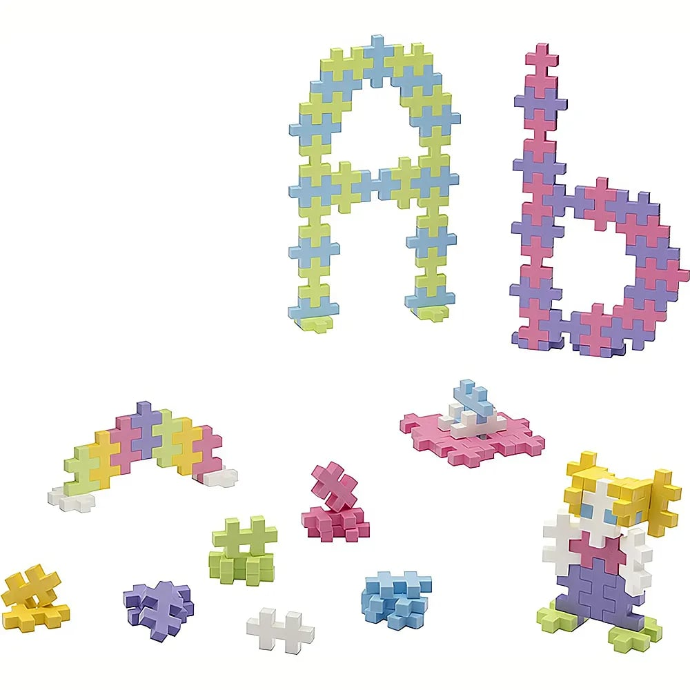 Colorful Plus-Plus building blocks form letters a and b, a figure, and small objects on a white background.