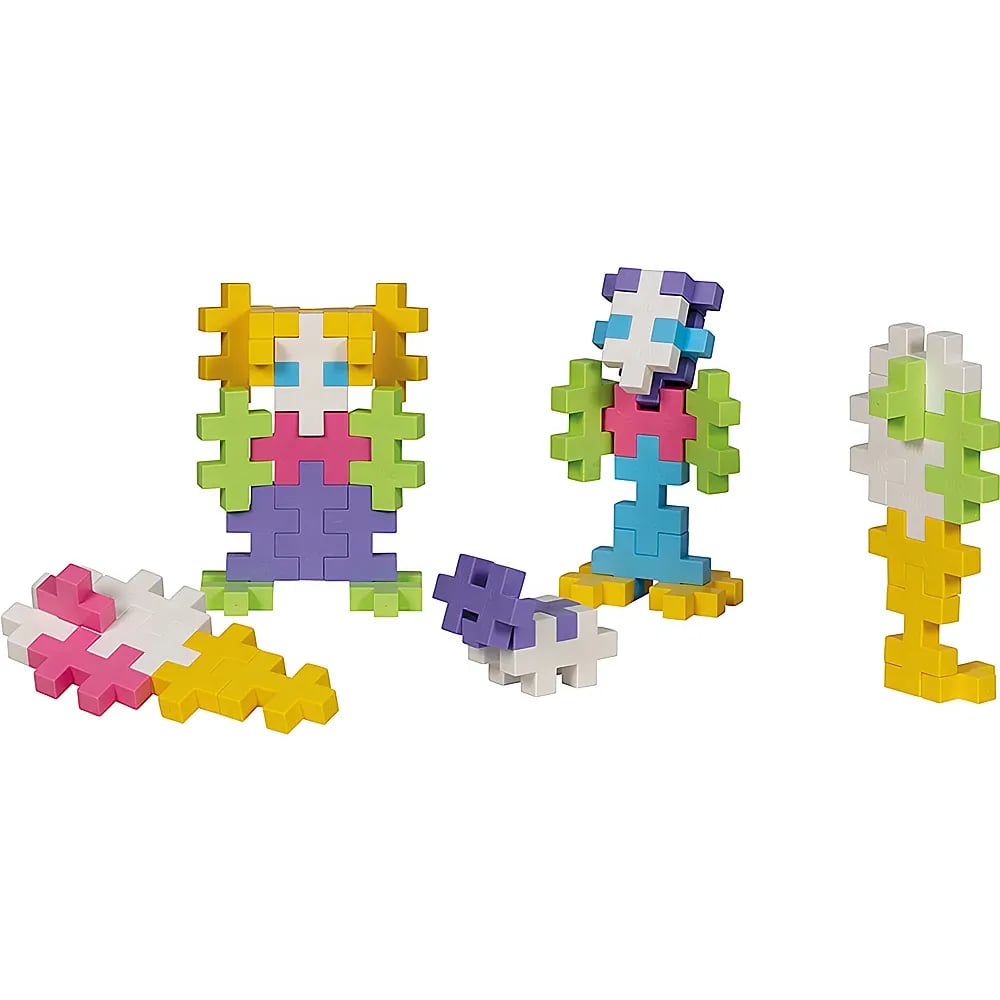 Figure e forme colorate fatte di piccoli pezzi di plastica ad incastro su sfondo bianco.