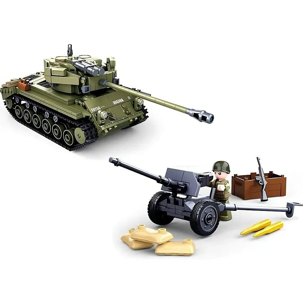 Ein Militär-Spielzeugset mit grünem Steine-Panzer, schwarzer Artilleriekanone, Soldatenfigur und Zubehör.
