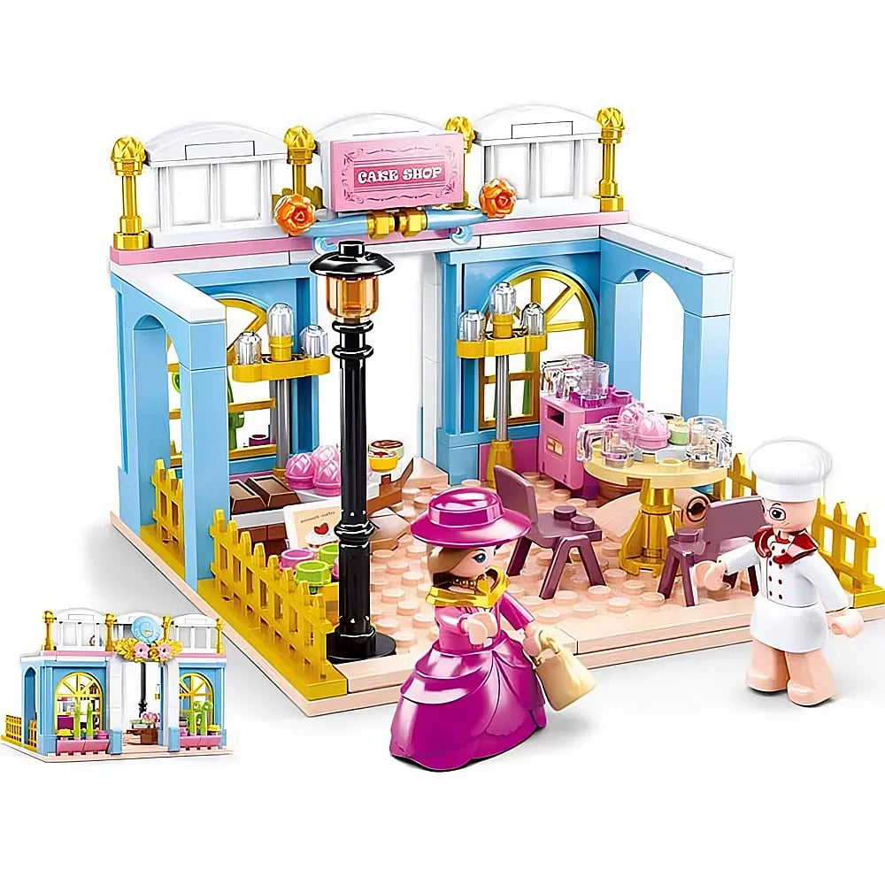 Ein farbenfrohes Lego-Kuchengeschäft mit Figuren einer Bäckerin und einer Frau in einem violetten Kleid.