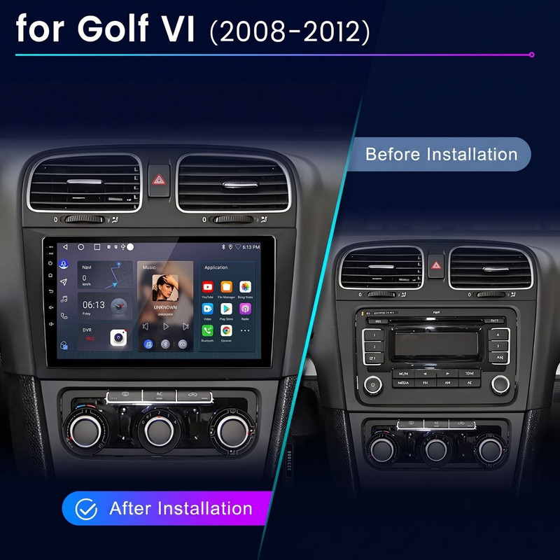 Vergleich des Armaturenbretts eines VW Golf VI vor und nach der Installation eines neuen Infotainmentsystems.