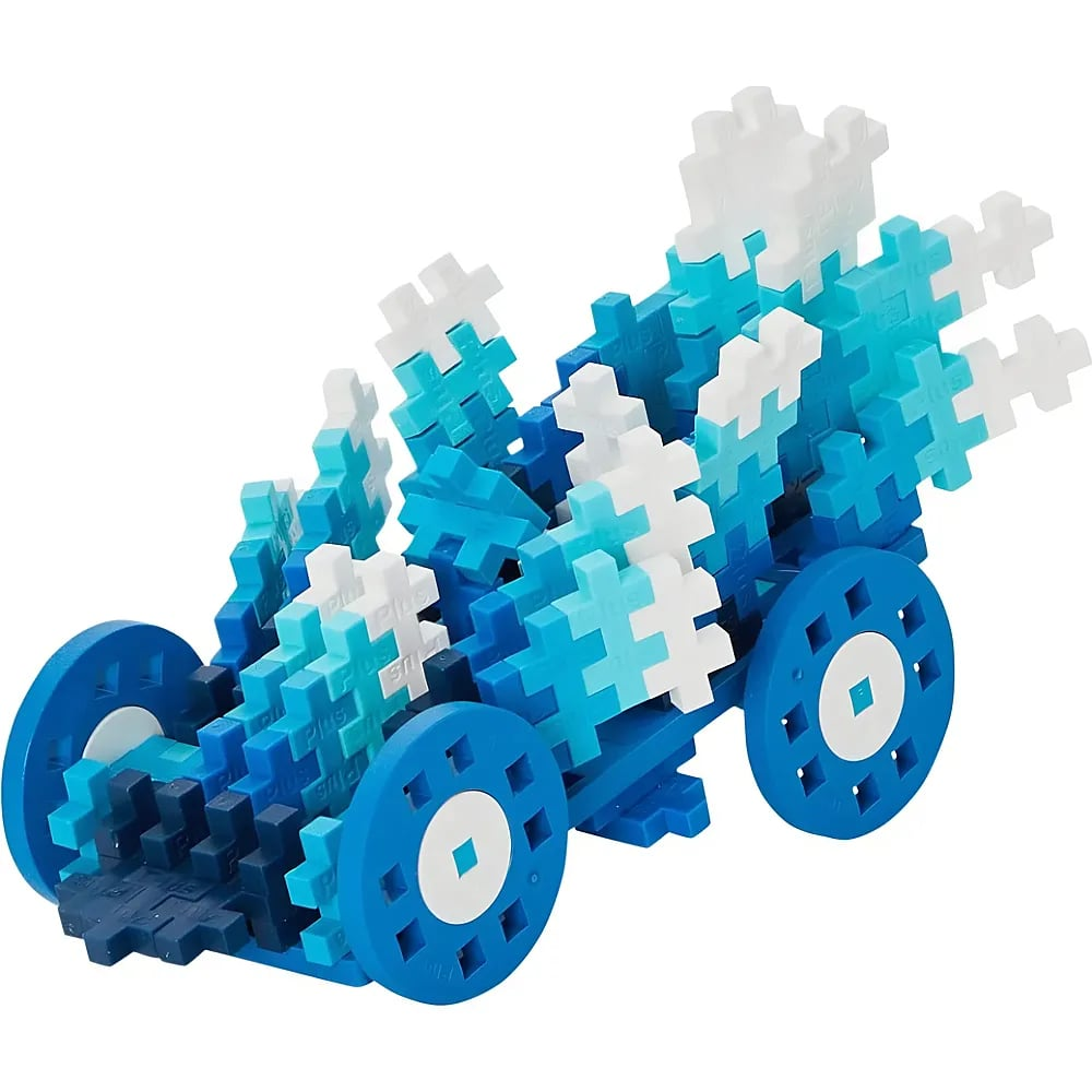 Ein kleiner Spielzeugwagen gebaut aus blauen, hellblauen und weißen Plus-Plus-Bausteinen.