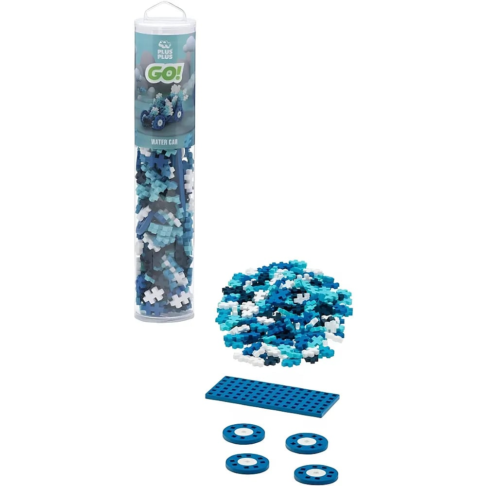Ein durchsichtiges Tubenpaket mit blauen, hellblauen und weißen Bausteinen, einer Bauplatte und vier Rädern.