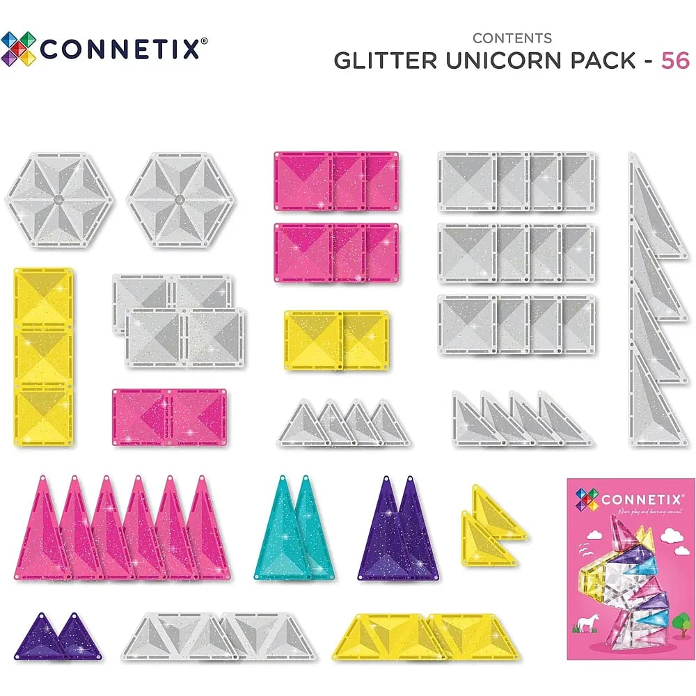 Connetix Glitter Unicorn Pack 56 con piastrelle magnetiche colorate e un unicorno assemblato.