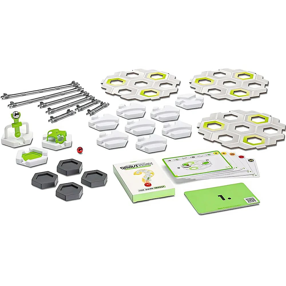 GraviTrax The Game Set mit hexagonalen Grundplatten, weißen Blöcken, Schienen, Karten und einer roten Murmel.