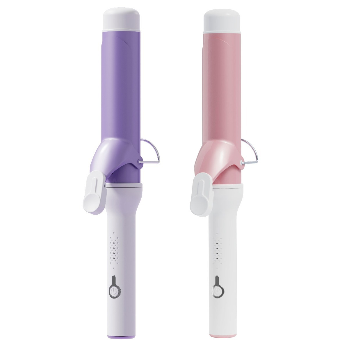 Zwei Lockenstäbe nebeneinander, einer violett und weiß, der andere rosa und weiß, mit einem weißen Griff und Ein-Ausschalter.
