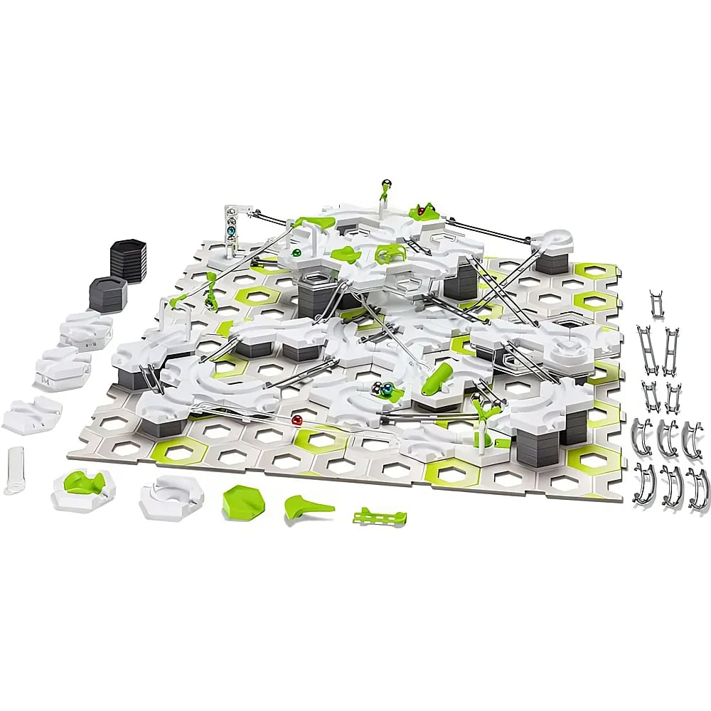 Un circuit de billes blanc et gris avec des accents verts sur une plaque de base hexagonale.
