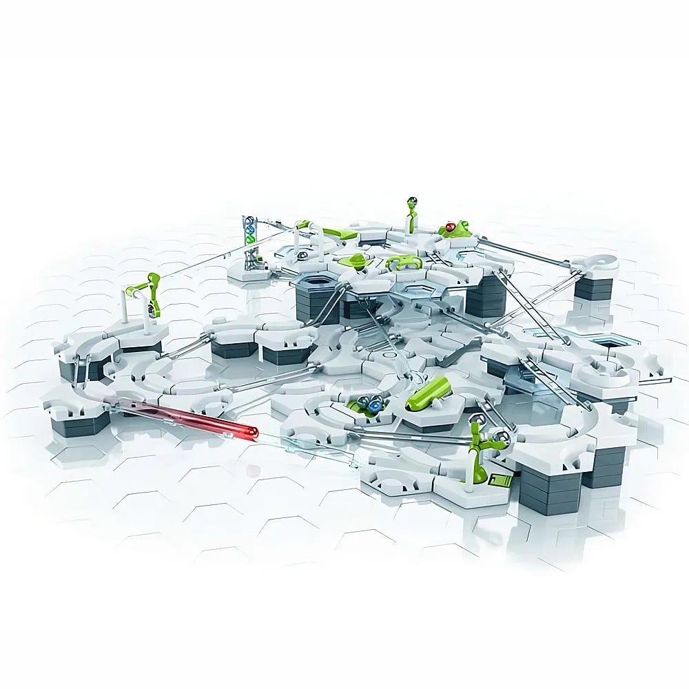 Un circuit de billes blanc et vert complexe avec des pistes et des piliers.