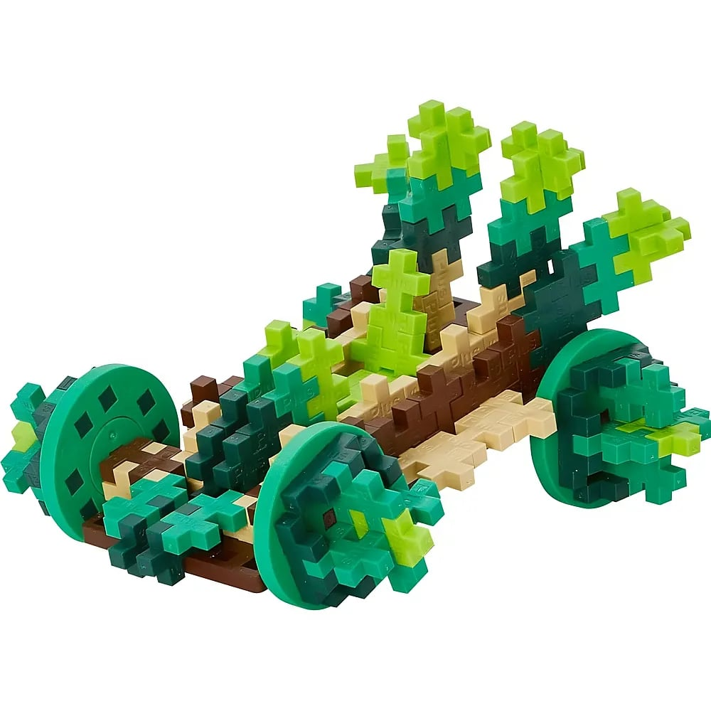 Ein aus grünen und braunen Steckbausteinen gebautes Spielzeugauto mit vier runden Rädern auf weißem Hintergrund.