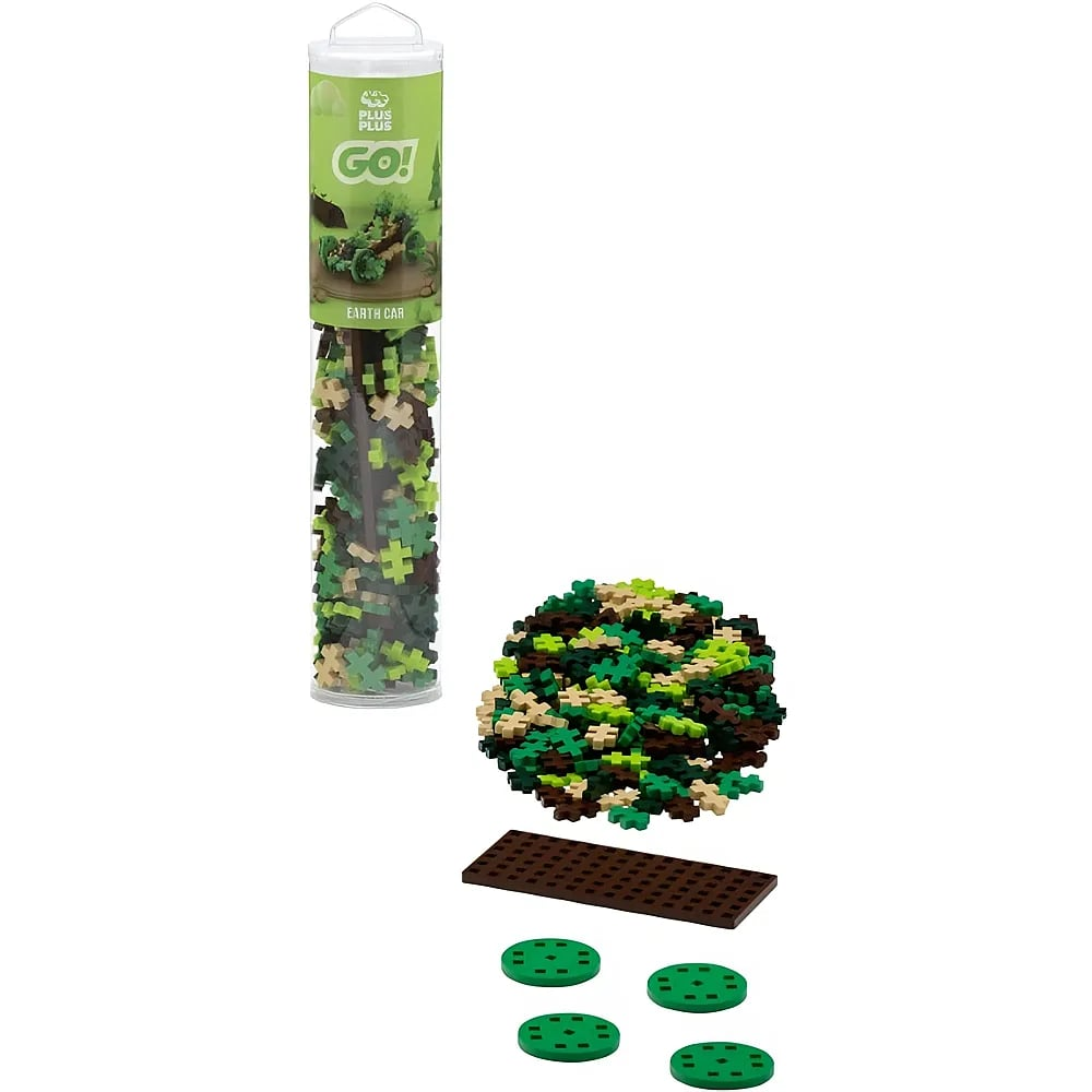 Plus-Plus Go! Earth Car Set mit Röhre, bunten Teilen, rechteckiger Basis und vier runden Rädern auf weißem Grund.