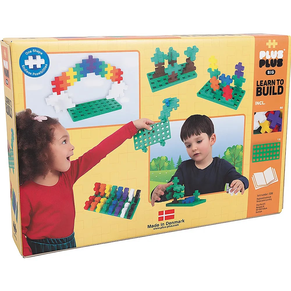 Spielzeugverpackung für Plus-Plus Big Bausteine mit Kindern, die Modelle aufbauen.