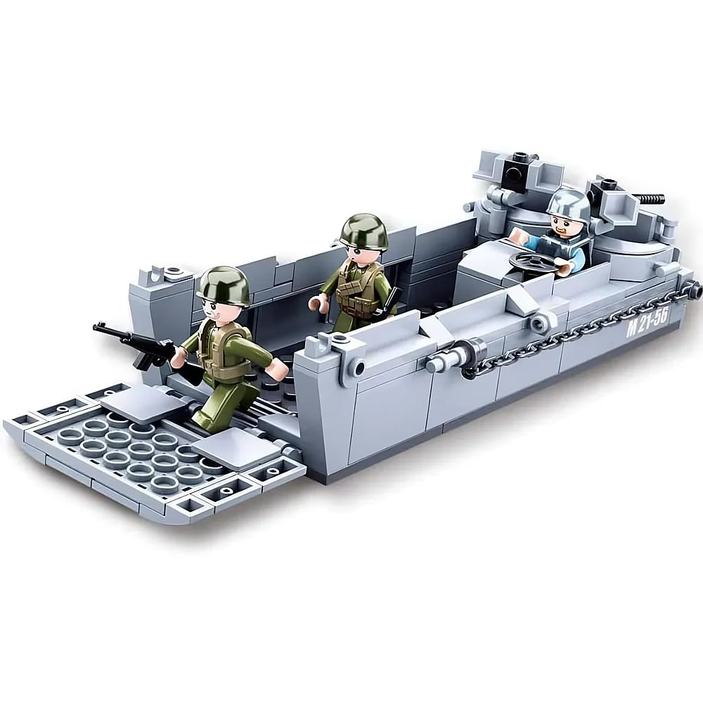 Lego-Militärfahrzeug mit drei Minifiguren, einem Fahrer und zwei Soldaten mit Gewehren.
