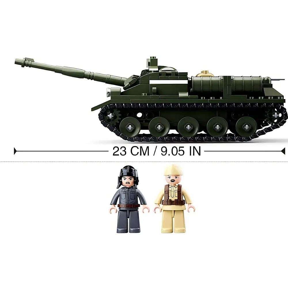 Grüner Spielzeugpanzer mit zwei Minifiguren, 23 cm lang, auf weißem Hintergrund.